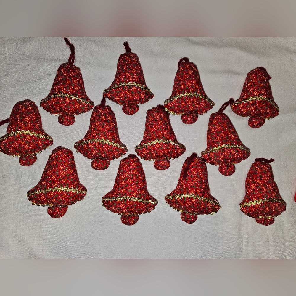 Lot Of 13 Vintage Homemade Fabric Christmas Bell Ornaments Hand Stitched Red